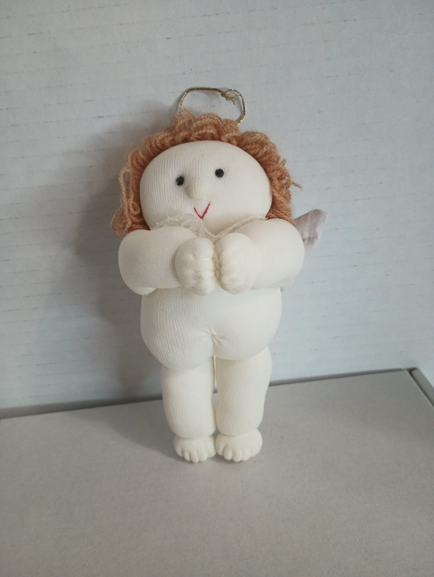 Stuffed Cloth Angel with Wings and Yarn Hair and Lace Collar Christmas Ornament 6"