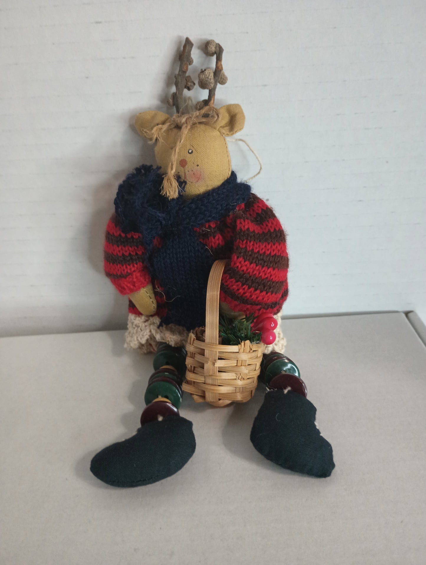 Moose Wearing Red & Black Striped Sweater and Black scarf Carrying Basket with Beads and Button Legs Christmas Ornament 8.5"