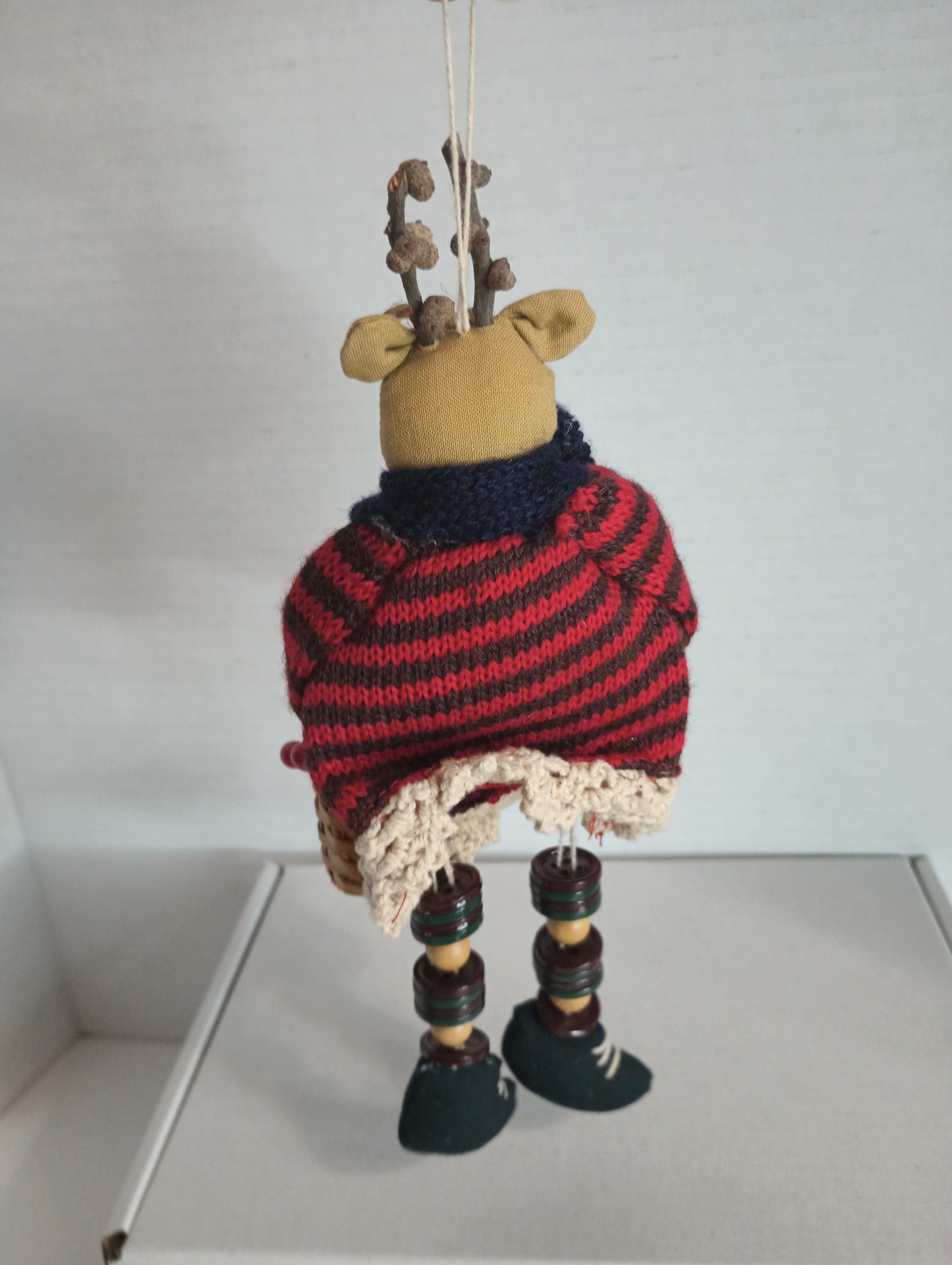 Moose Wearing Red & Black Striped Sweater and Black scarf Carrying Basket with Beads and Button Legs Christmas Ornament 8.5"