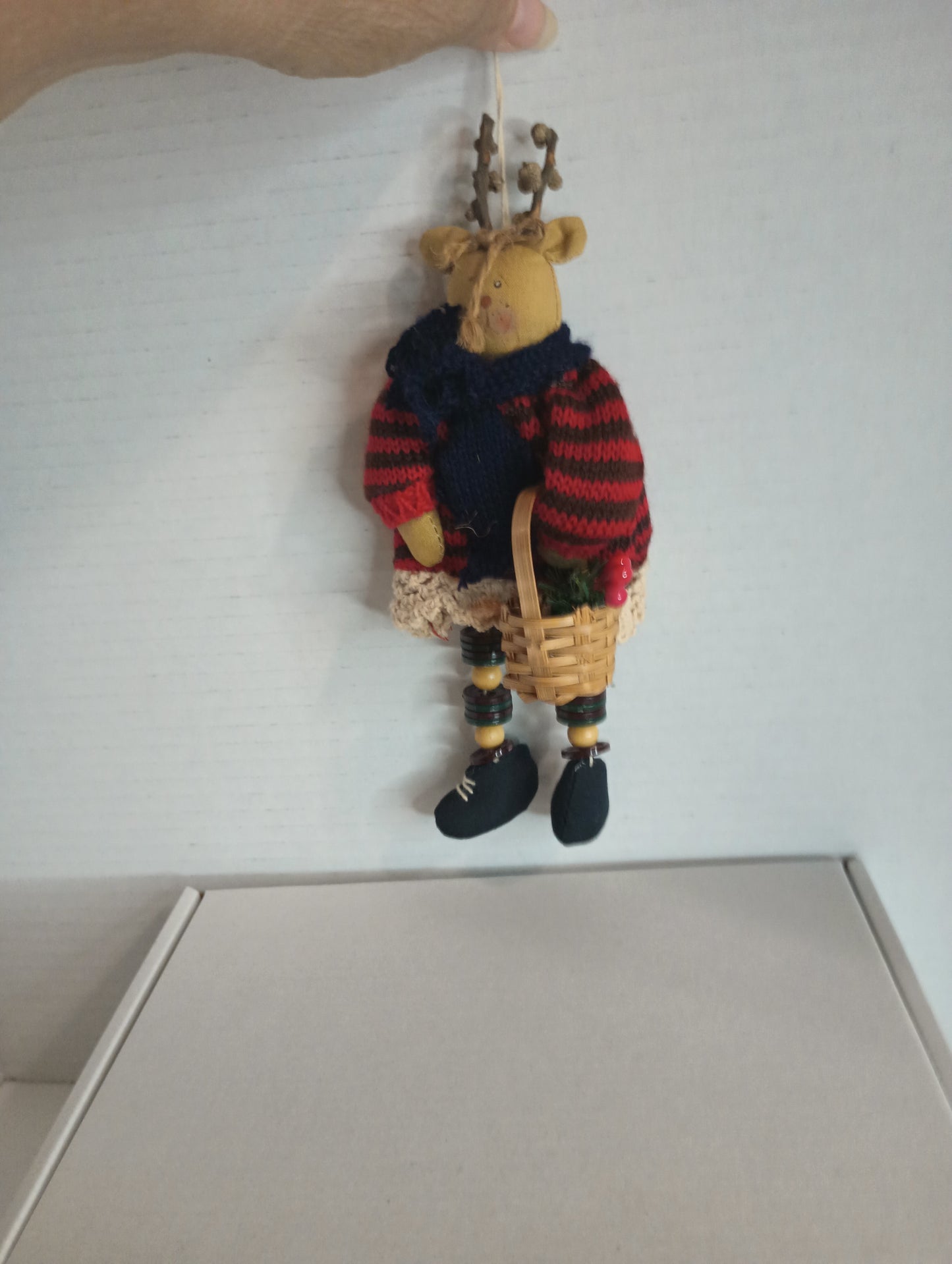 Moose Wearing Red & Black Striped Sweater and Black scarf Carrying Basket with Beads and Button Legs Christmas Ornament 8.5"