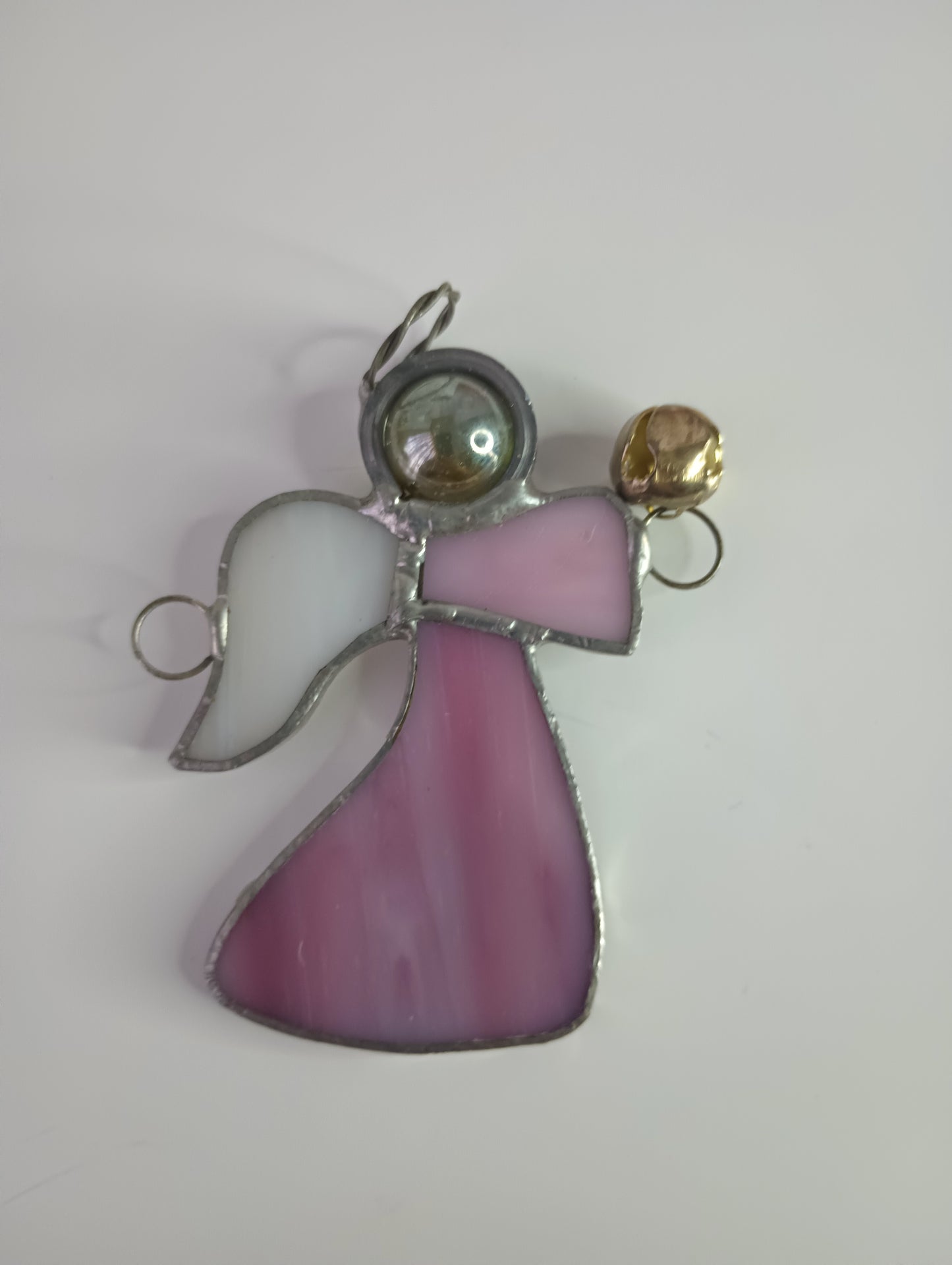 Stained Glass Pink Angel With Marble Head and bell Christmas Ornament 3"