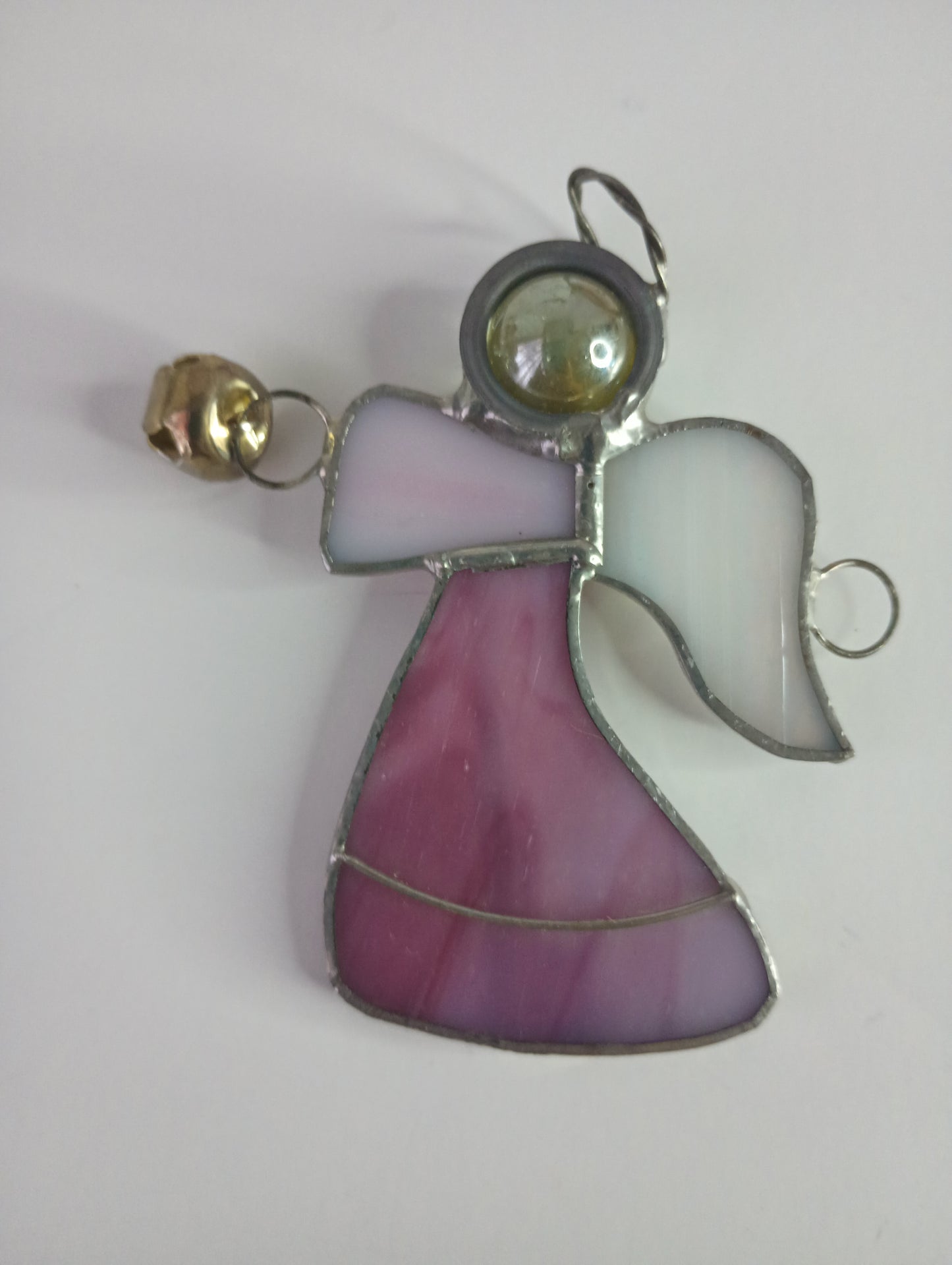 Stained Glass Pink Angel With Marble Head and bell Christmas Ornament 3"