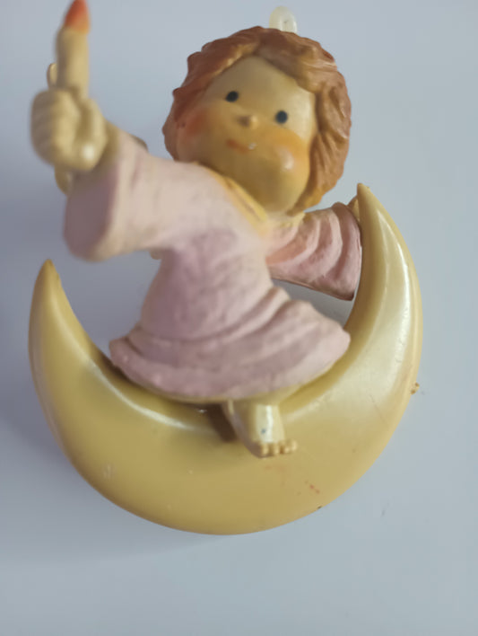 Vintage Cherab with Pink robe Holding a Candle on Cresent Moon Christmas Ornament 3"