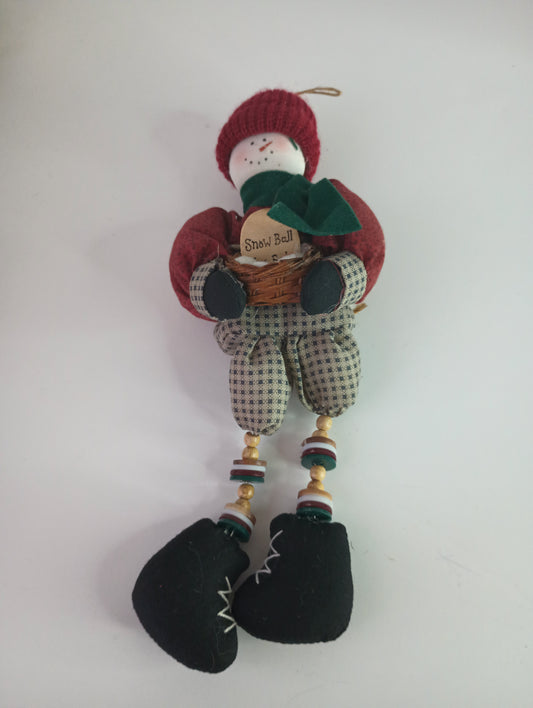 Vintage Cloth Snowman with Hat and Wicker Basket Bead & Button Legs Christmas Ornament 1999 10"