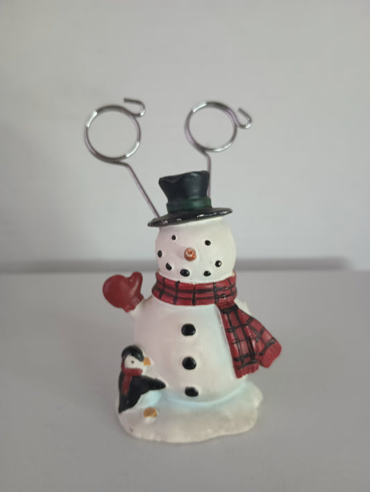 Resin and Wire Snowman with Penguin Christmas Card Holder 3.5"