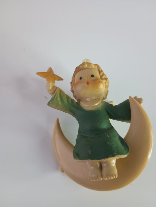 Vintage Cherub with Blue robe holding star on Cresent Moon Christmas Ornament 3"