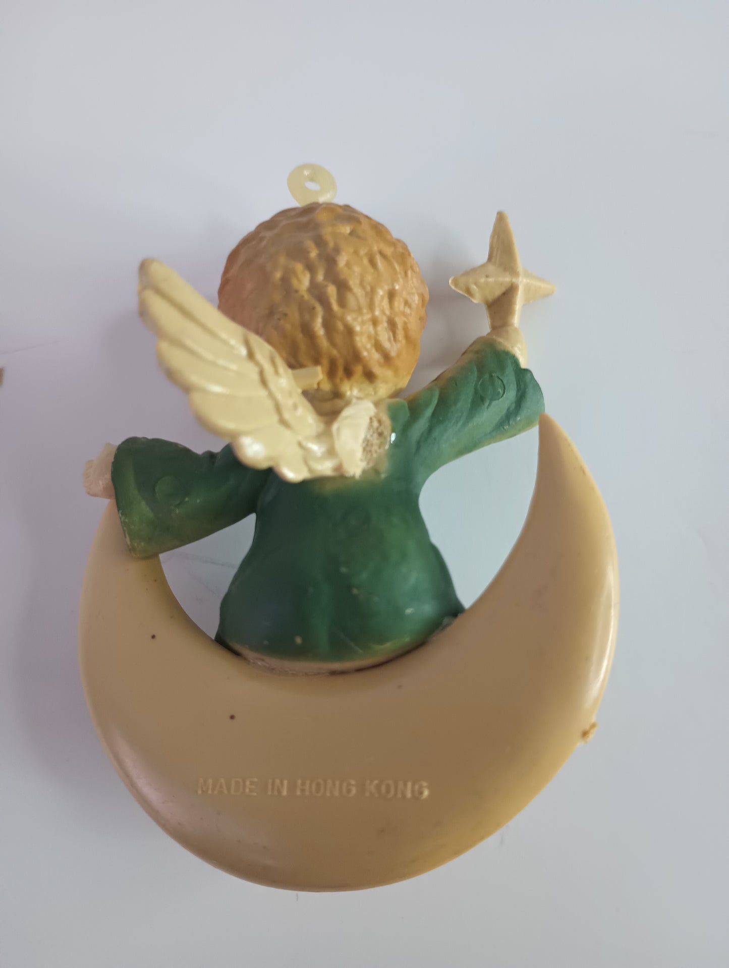 Vintage Cherub with Blue robe holding star on Cresent Moon Christmas Ornament 3"