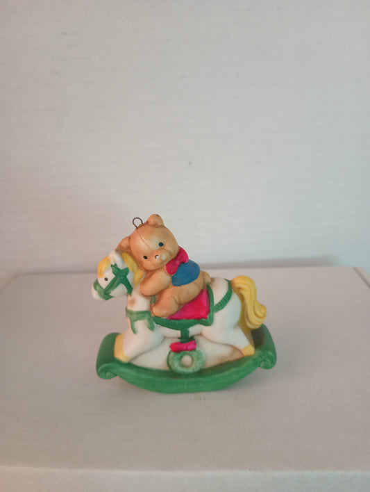 Bear Riding Rocking Horse Porcelain Christmas Ornament 3"