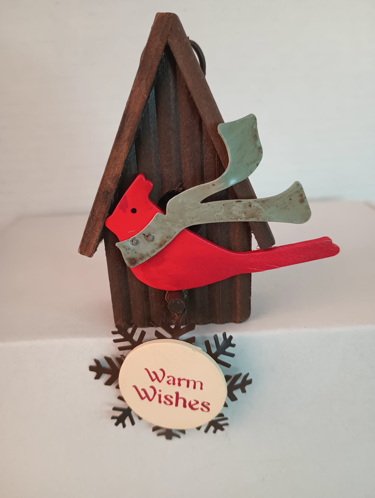 Metal Red Bird with Scarf and Birdhouse Christmas Ornament