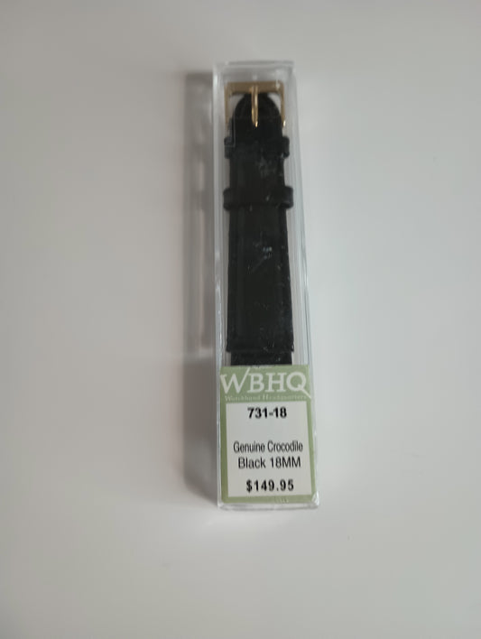 WBHQ SD Genuine Black Crocodile Watch Strap 18MM