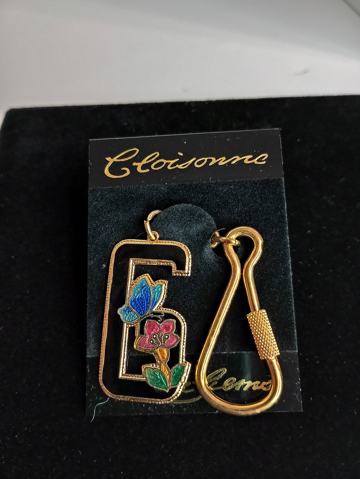 Vintage Cloisonne Enameled Letter G  Sea Gems Keychain Black with Gold Tone Butterfly and Flower 4"