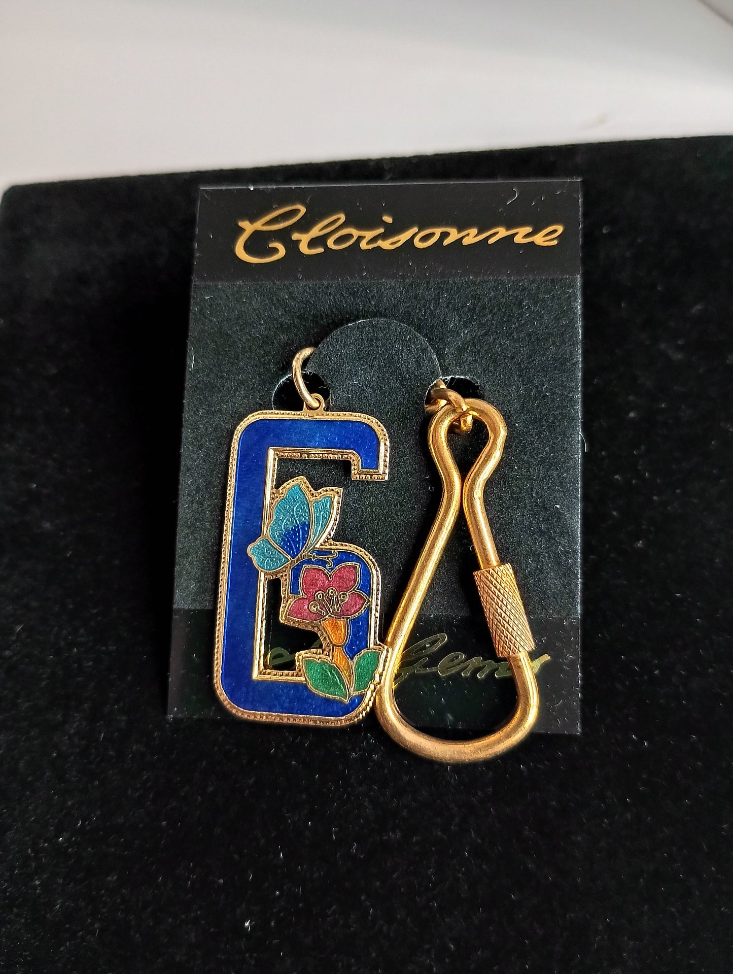 Vintage Cloisonne Enameled Letter G  Sea Gems Keychain Blue with Gold Tone Butterfly and Flower 4"