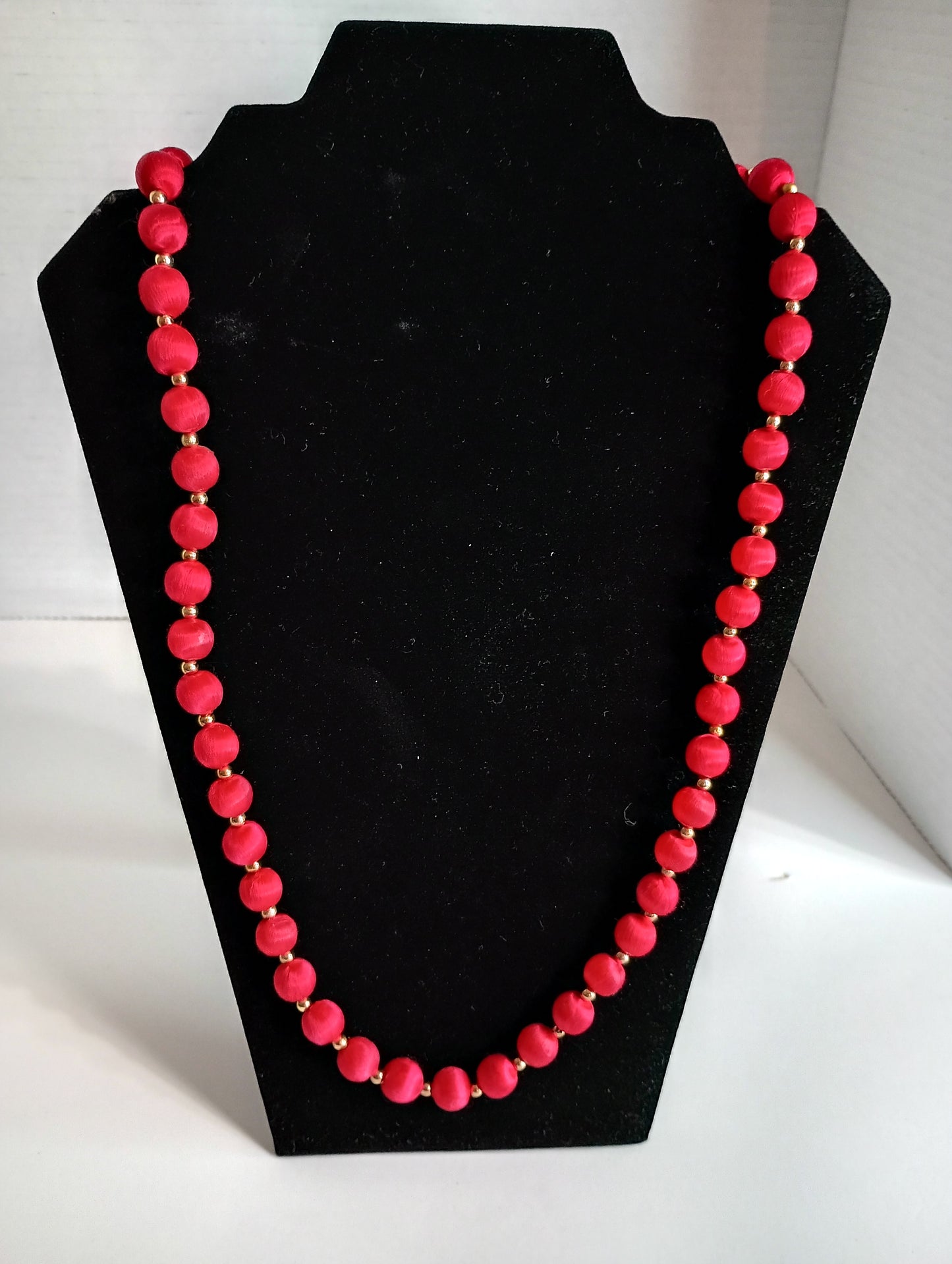 Vintage Red Satin Bead Necklace with Gold Tone Spacer Beads Costume Jewelry 30"