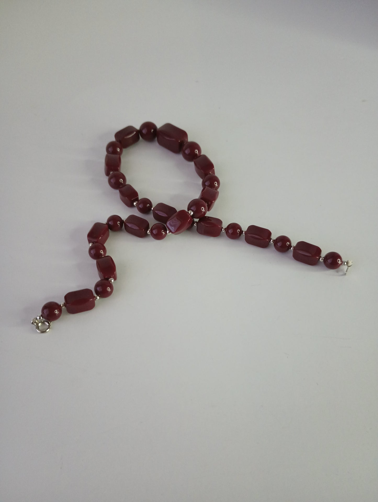 Vintage Maroon with Silver spacers beaded Womens Necklace 20"