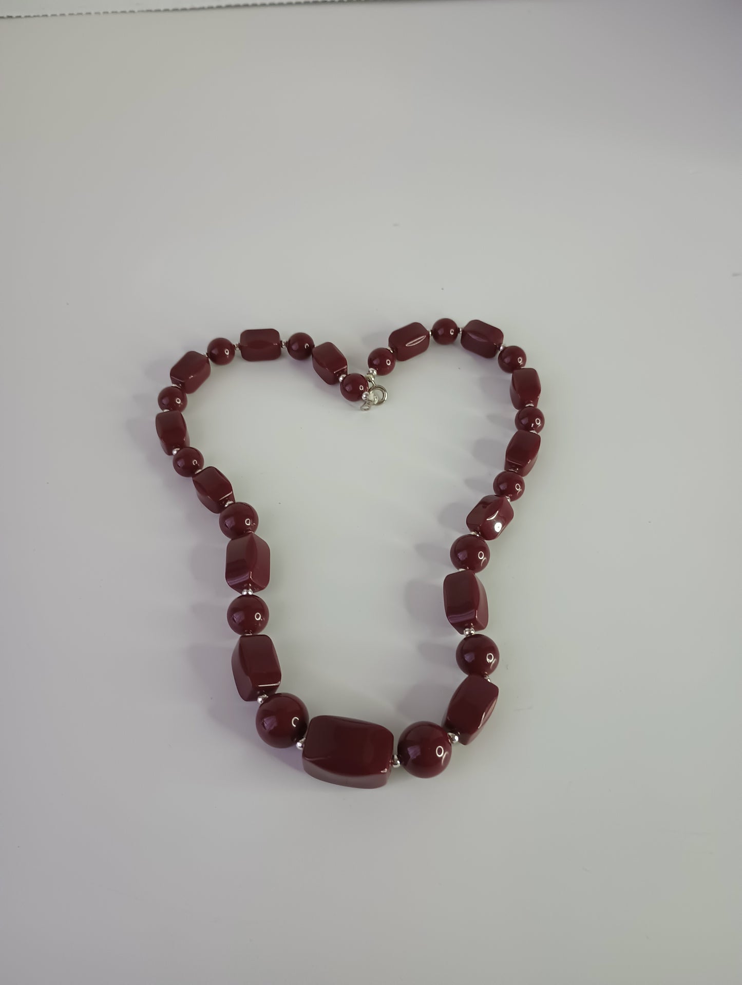 Vintage Maroon with Silver spacers beaded Womens Necklace 20"