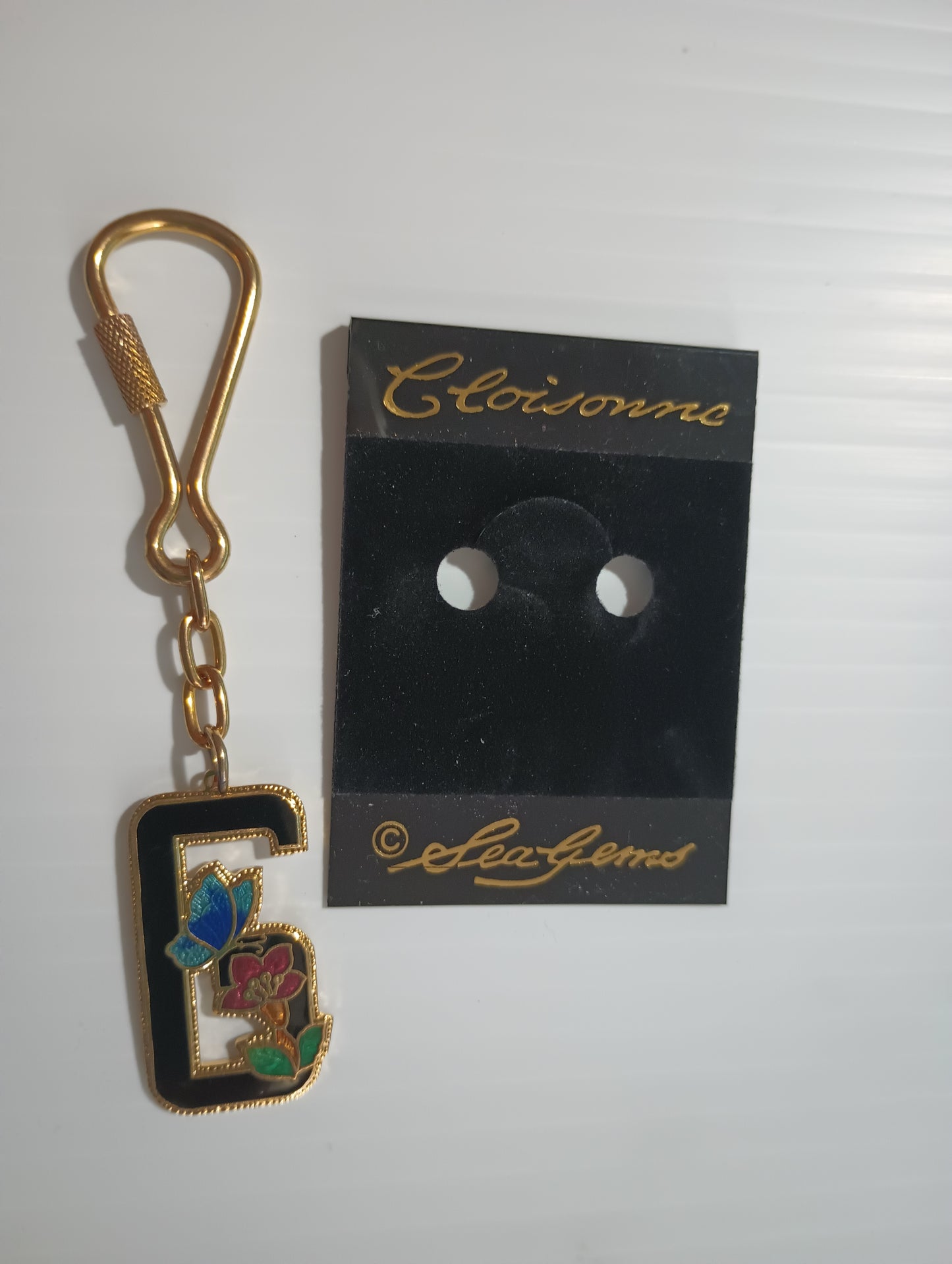 Vintage Cloisonne Enameled Letter G  Sea Gems Keychain Black with Gold Tone Butterfly and Flower 4"