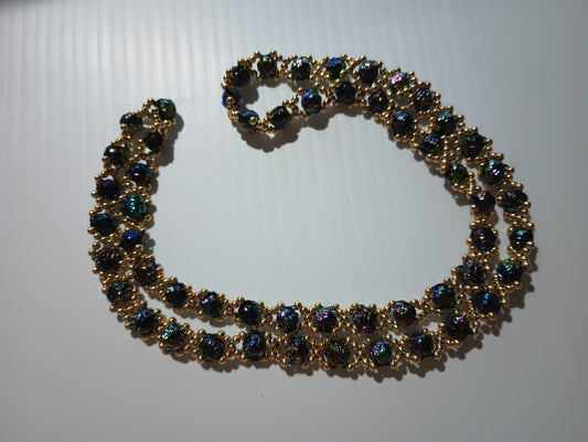 Vintage Blue and Gold Beaded Womens Necklace 30"