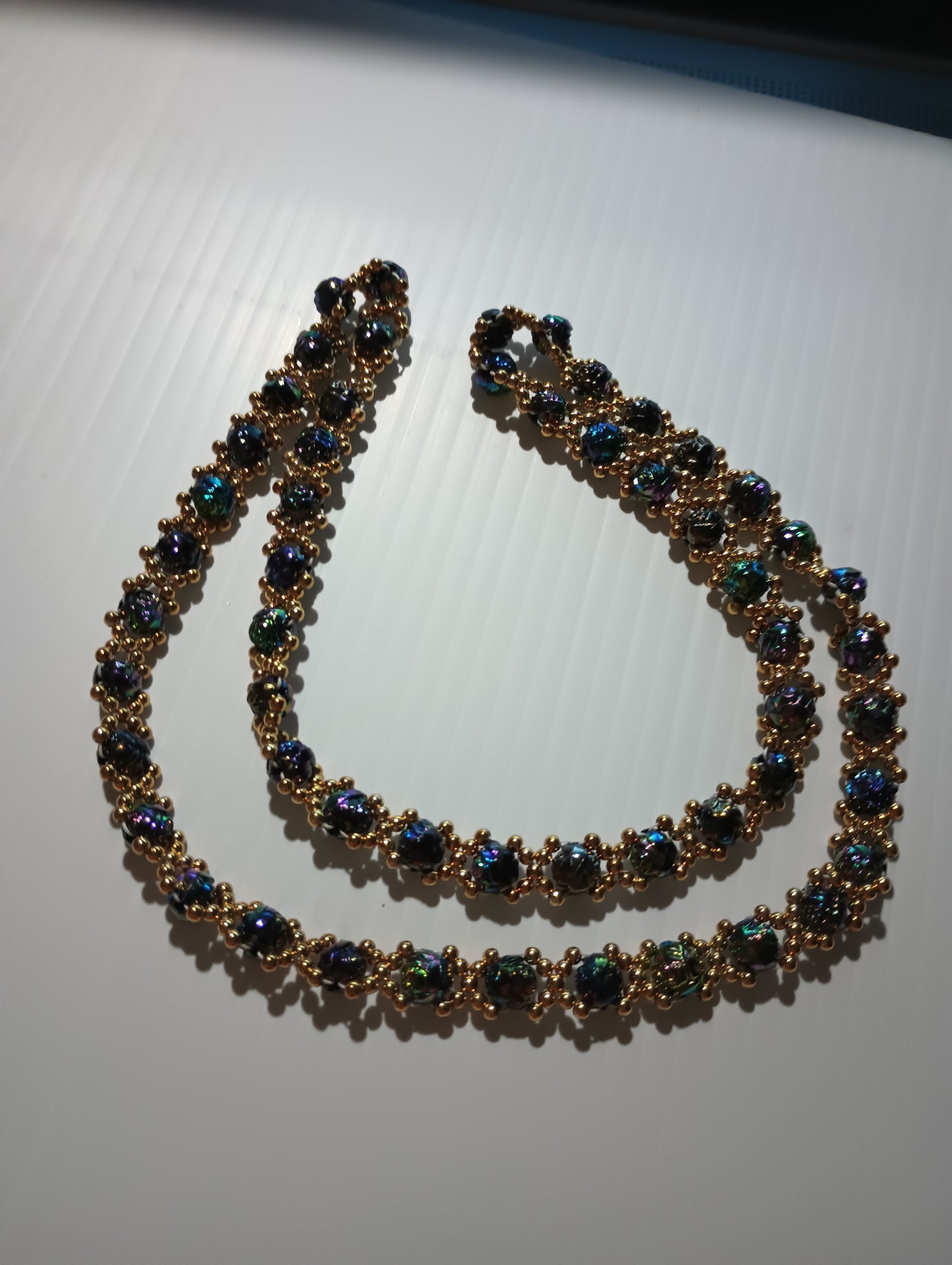 Vintage Blue and Gold-toned Beaded Womens Necklace 30"