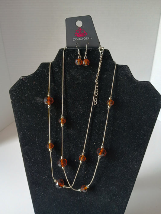 PAPARRAZI Amber Beads and Silver-toned Long Necklace and Beaded Matching Earrings