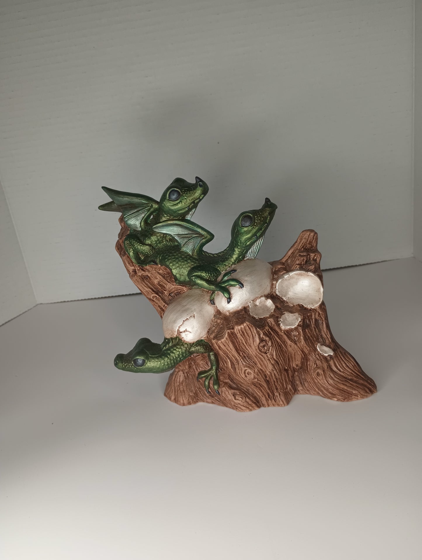 Handpainted Bisque Baby Dragon Hatchlings on Log Green Tan