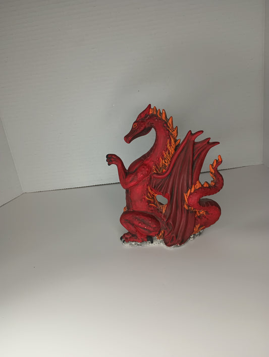 Handpainted Ceramic Red Dragon Sitting on  Rock Home Decor