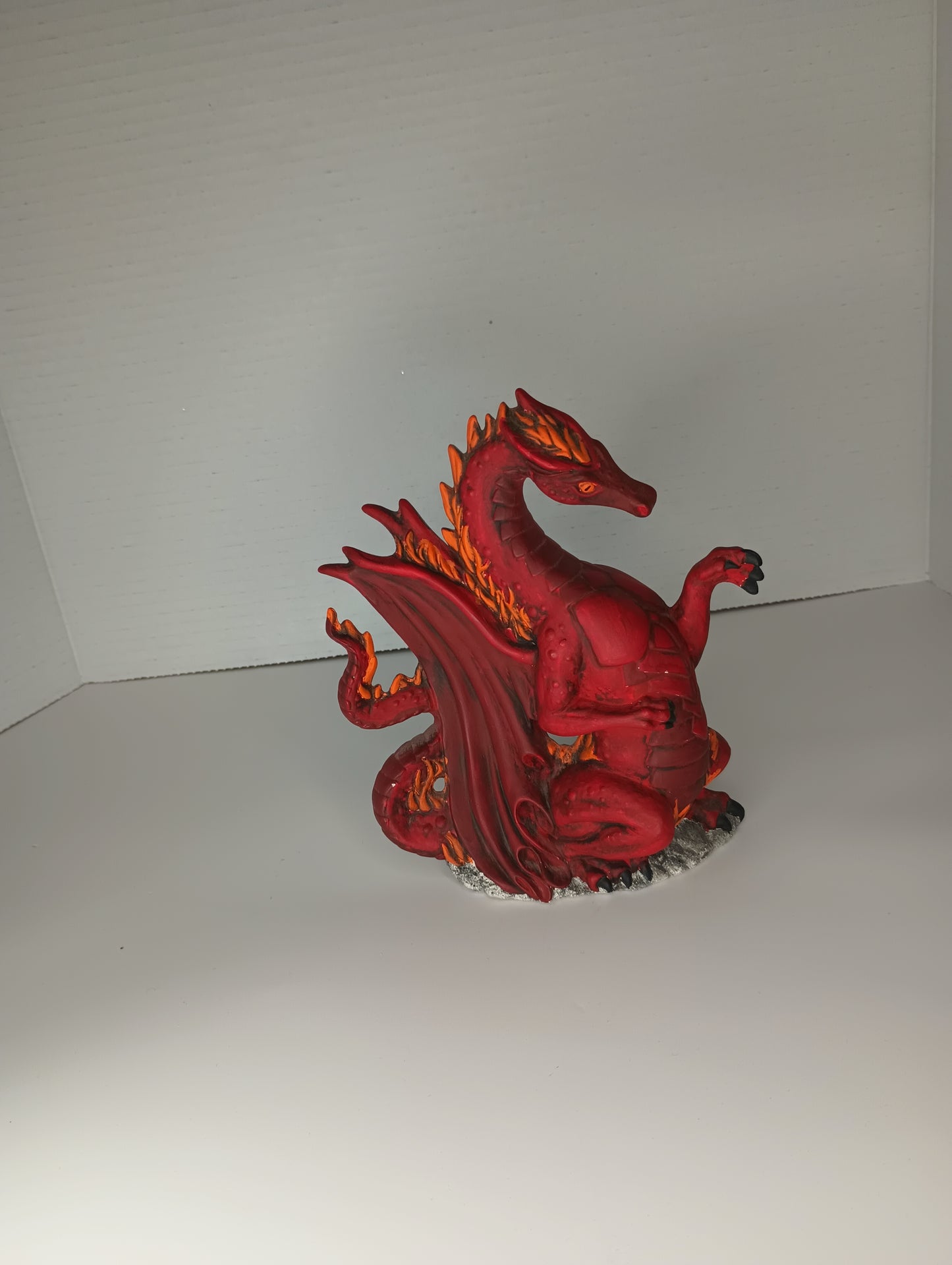 Handpainted Ceramic Red Dragon Sitting on  Rock Home Decor