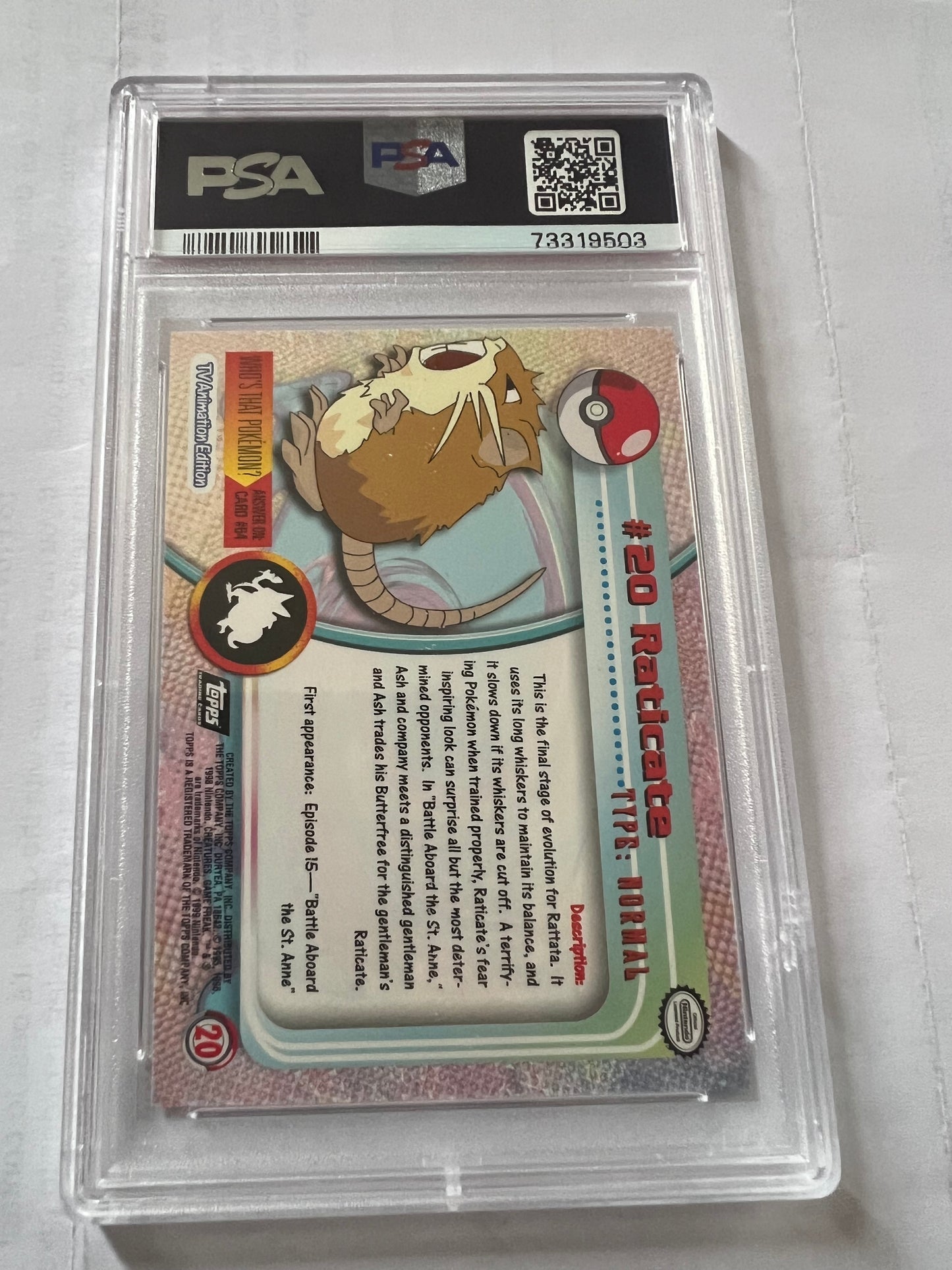 Raticate Pokemon T.V. #20 Black Logo - 1990 Topps PSA 9