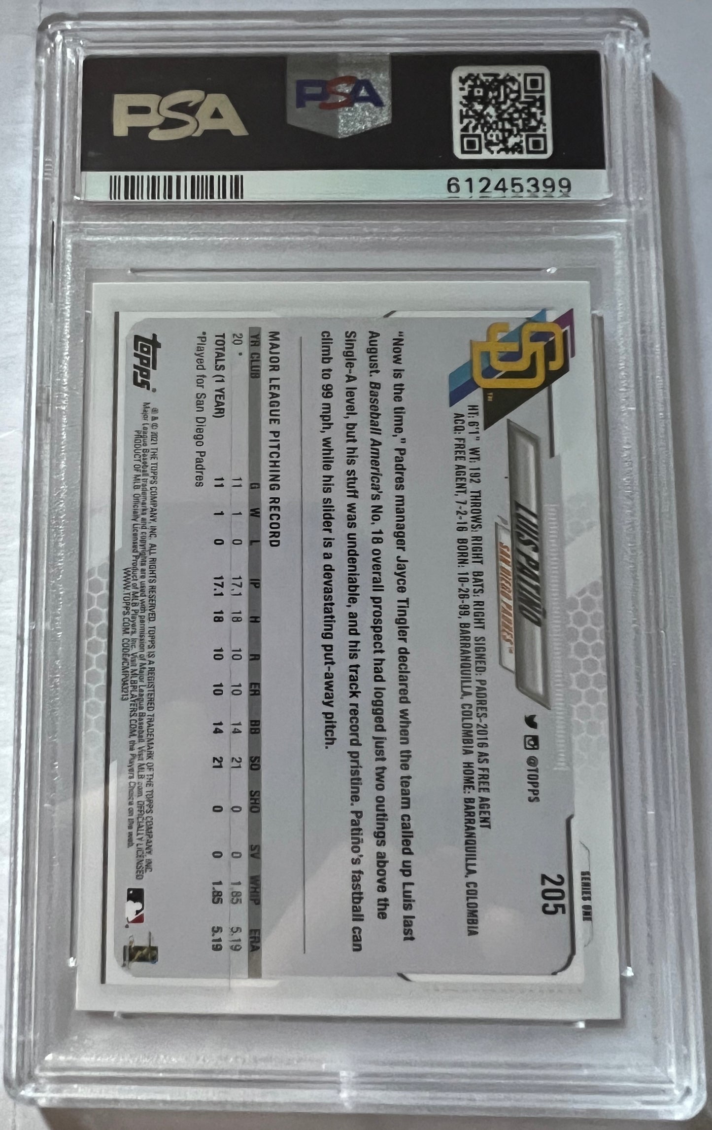 Luis Patino San Diego Padres #205 - 2021 Topps PSA 9