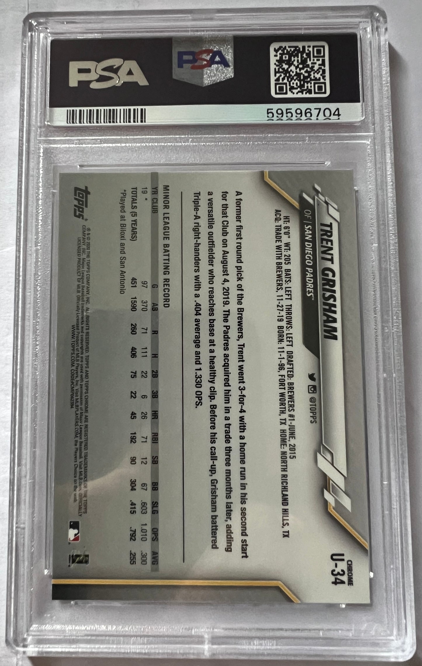 Trent Grisham San Diego Padres #U34 - 2020 Topps Chrome Update PSA 9