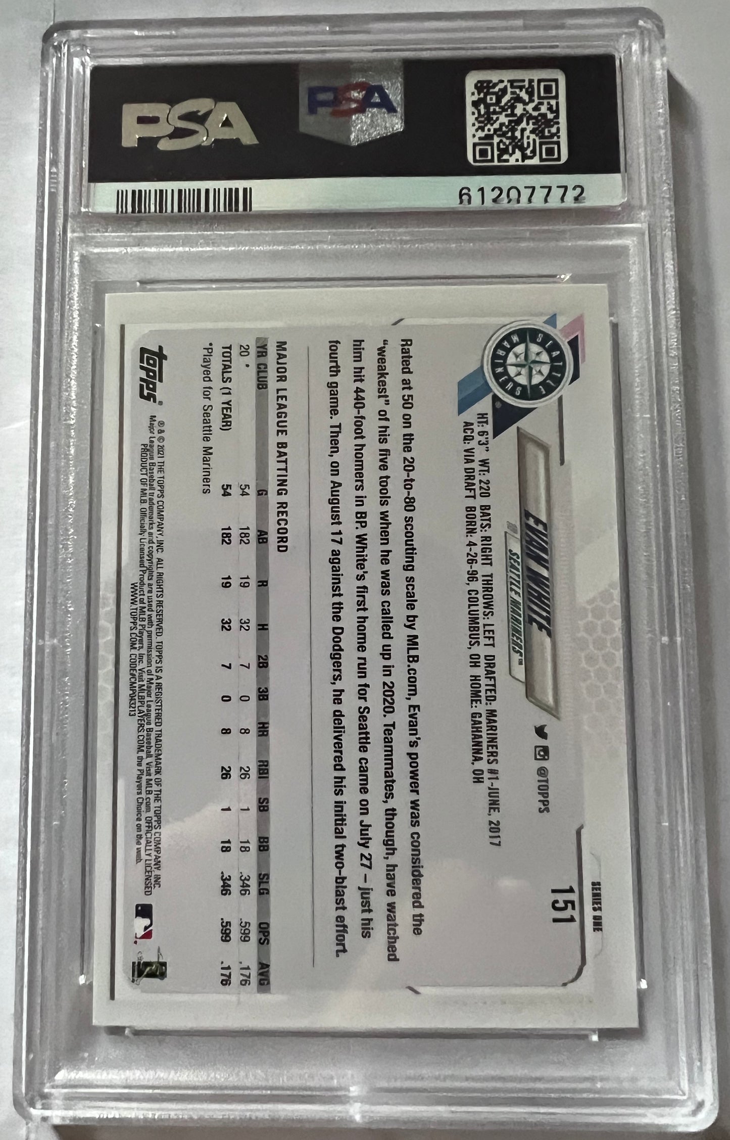 Evan White Seattle Mariners #151 - 2021 Topps PSA 9