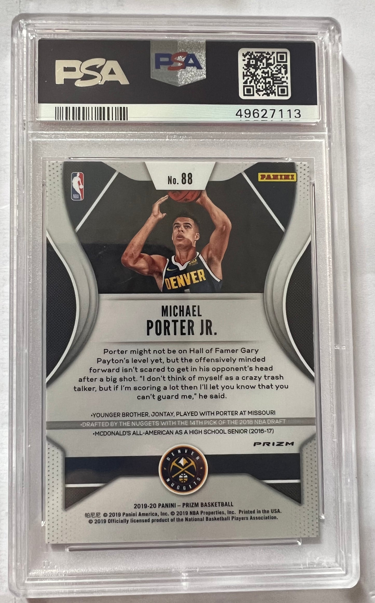 Michael Porter Jr Denver Nuggets #88 - 2019 Panini Prizm Red/White/Blue Prizm PSA Mint 9