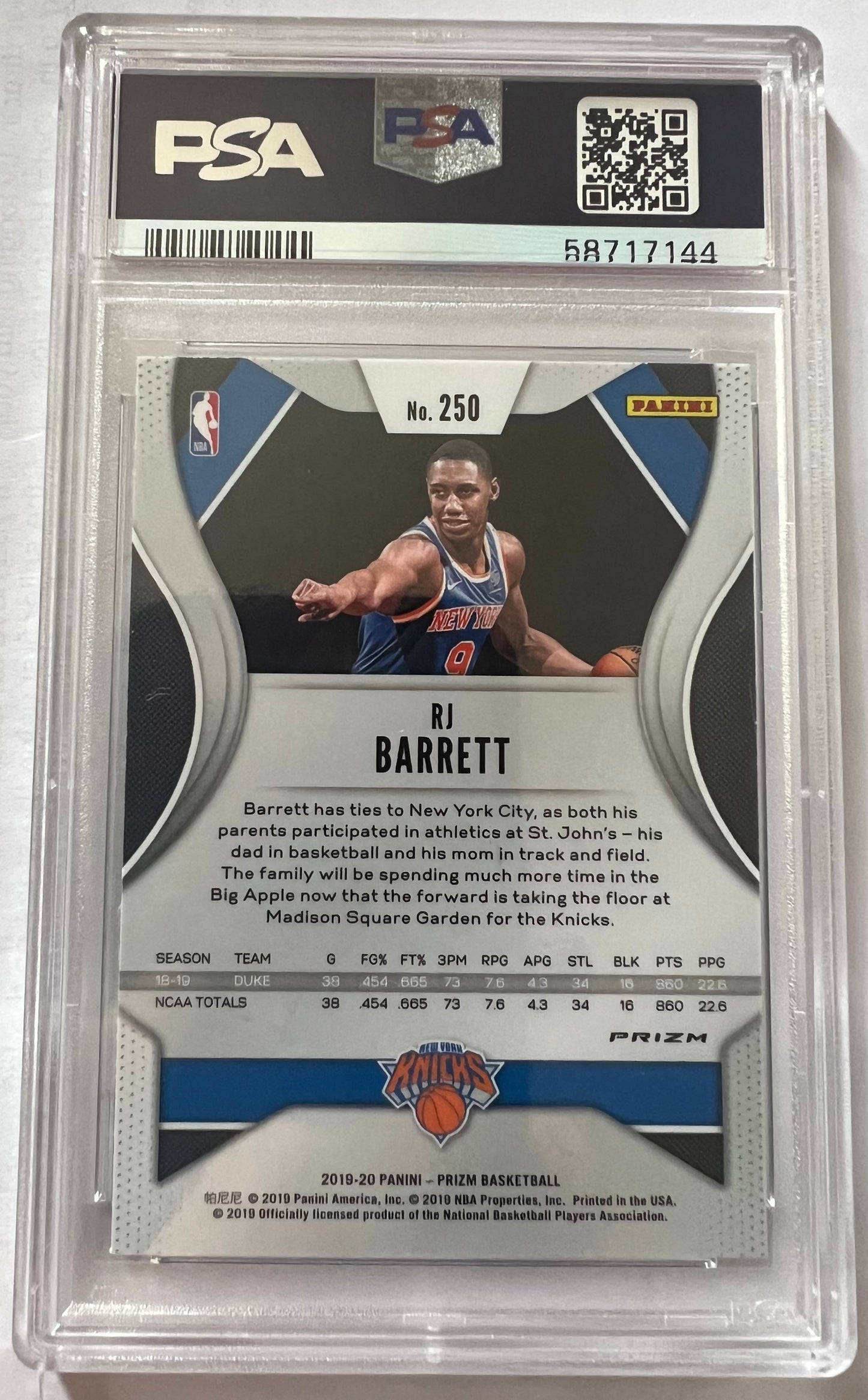 Rj Barrett New York Knicks #250 - 2019 Panini Prizm Green PSA 9