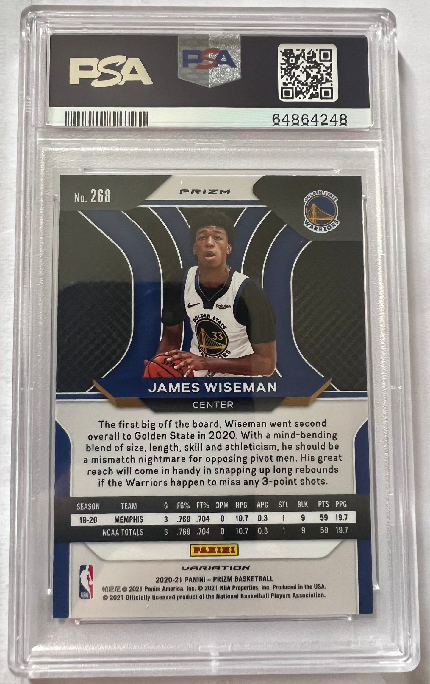 James Wiseman Golden State Warriors #268 - 2020 Panini Prizm Variation - Fast Break PSA 9