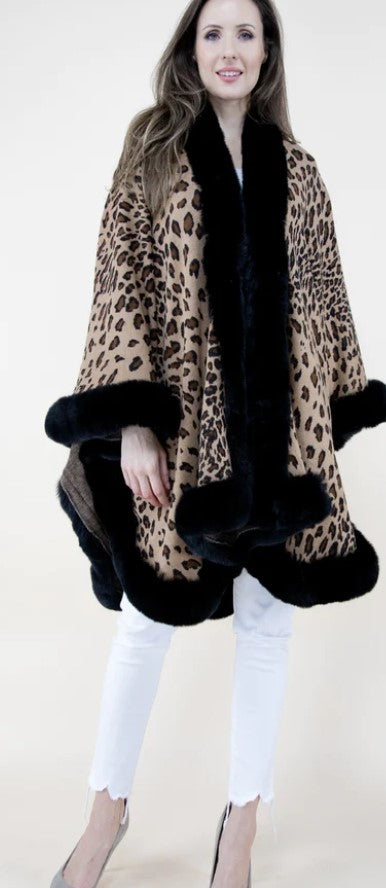 Cheetah print Ruana W/ Faux Fur Trim